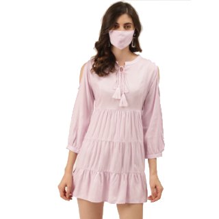DIVA WALK EXCLUSIVE Women Lavender Cold-Shoulder Solid A-Line Dress with Mask at Rs.764